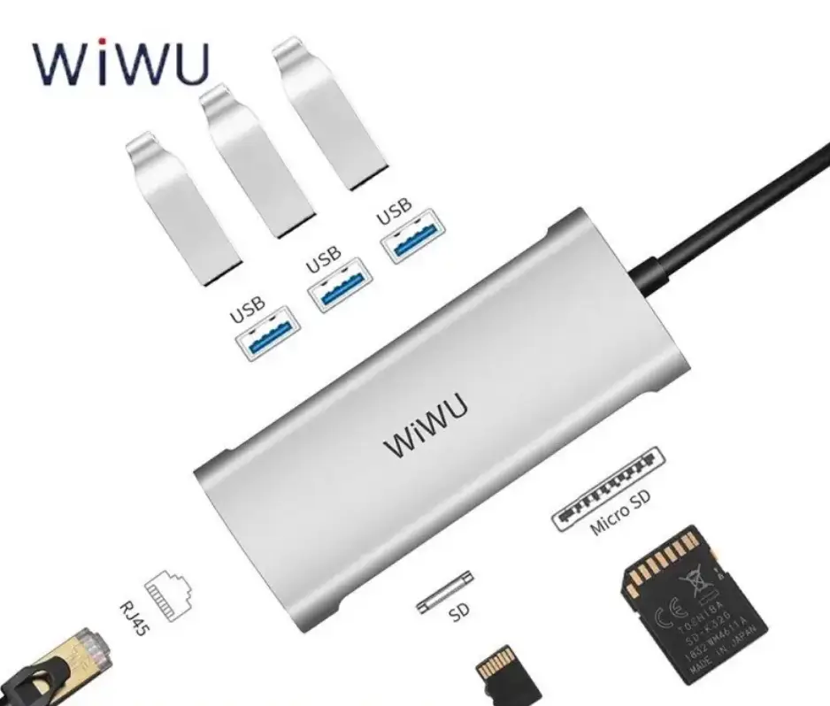 Адаптер WIWU Alpha 6in1 USB-C to 3xUSB3.0+RJ45+SD/Micro SD Grey (631STR) - фото 2