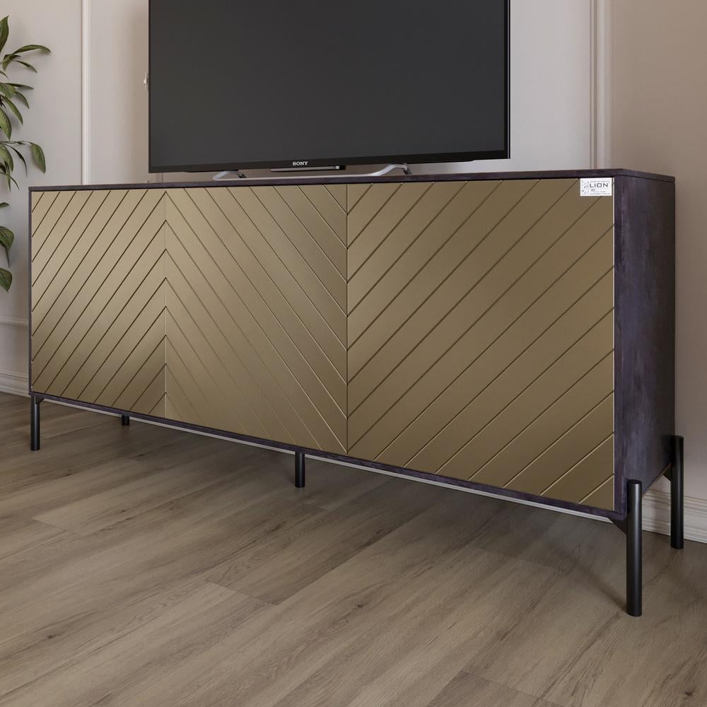 Тумба под телевизор Lion Амарант с черными металлическими ножками 168x40x76,5 см Бетон темный/Перламутровый металлик (000-000-2386)