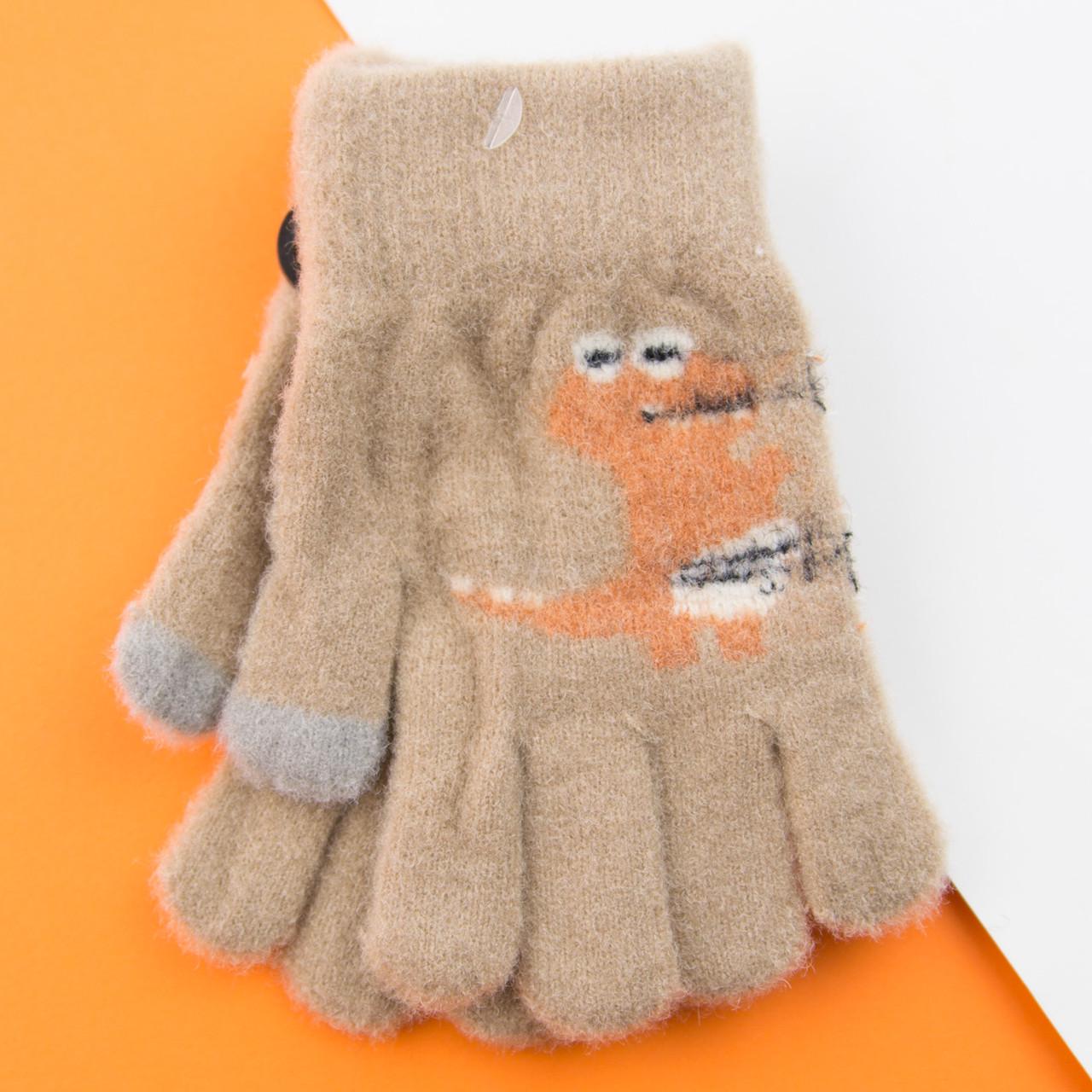 Варежки для детей 6 - 8 лет с дракончиками Бежевый (22-25-35)