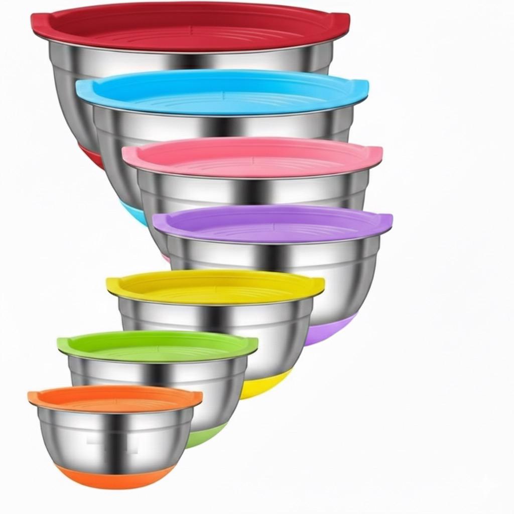 Набір металевих мисок з силіконовим дном і кришками 7 шт. 30-18 см Різнокольоровий (30226612)