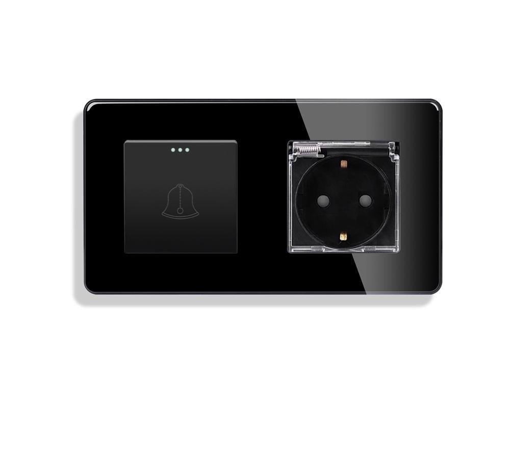 Выключатель с розеткой ELIOS IP44 16А 230В с заземлением/защитными шторками стекло Черный