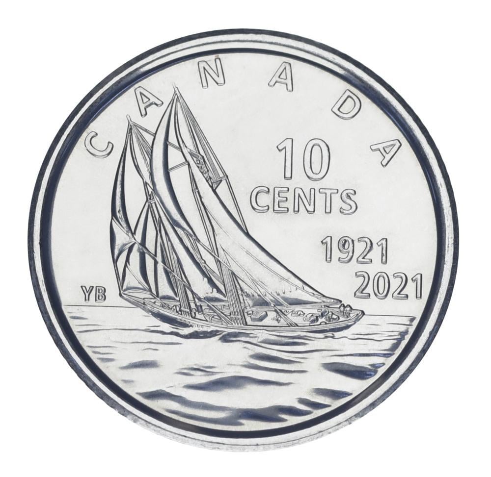 Коллекционная монета Канада 10 центов 2021 года UNC 100 лет Bluenose. Корабль-парусник номинал рядом с кораблем (М25151)