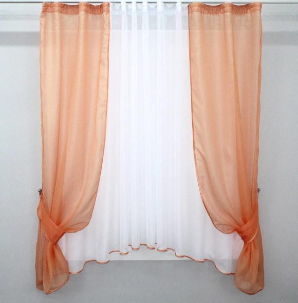 Занавеска кухонная с подвязками 280х170 см Персиковый/Белый (051к)
