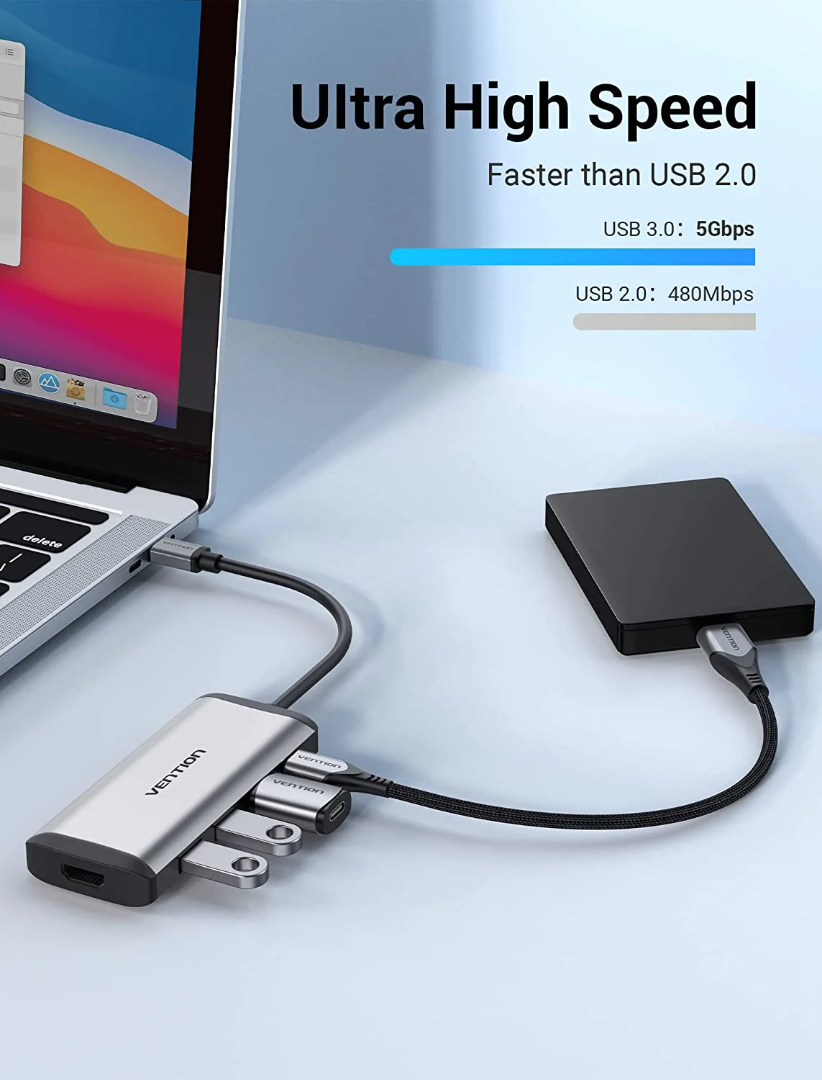 Перехідник-конвертер Vention Type-C-HDMI USB3.0х3/PD USB Type-C 0,15 м (CNBHB) - фото 4