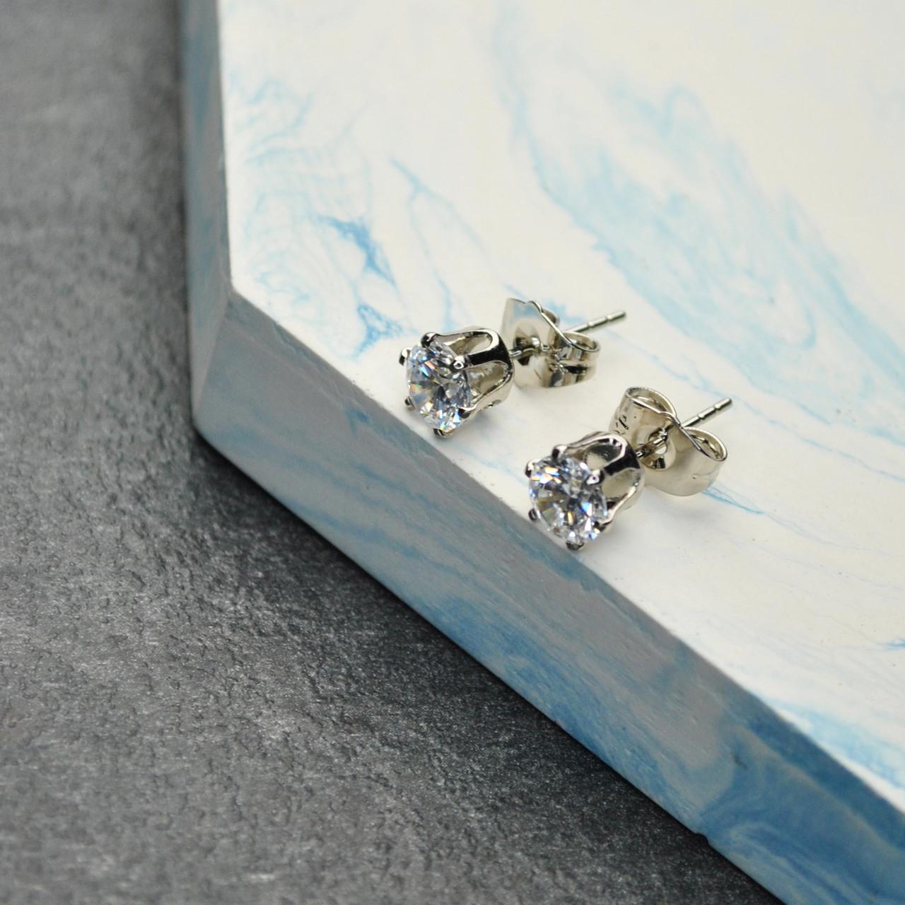 Сережки-гвоздики Цирконий медицинская сталь родий 6 мм (x015)