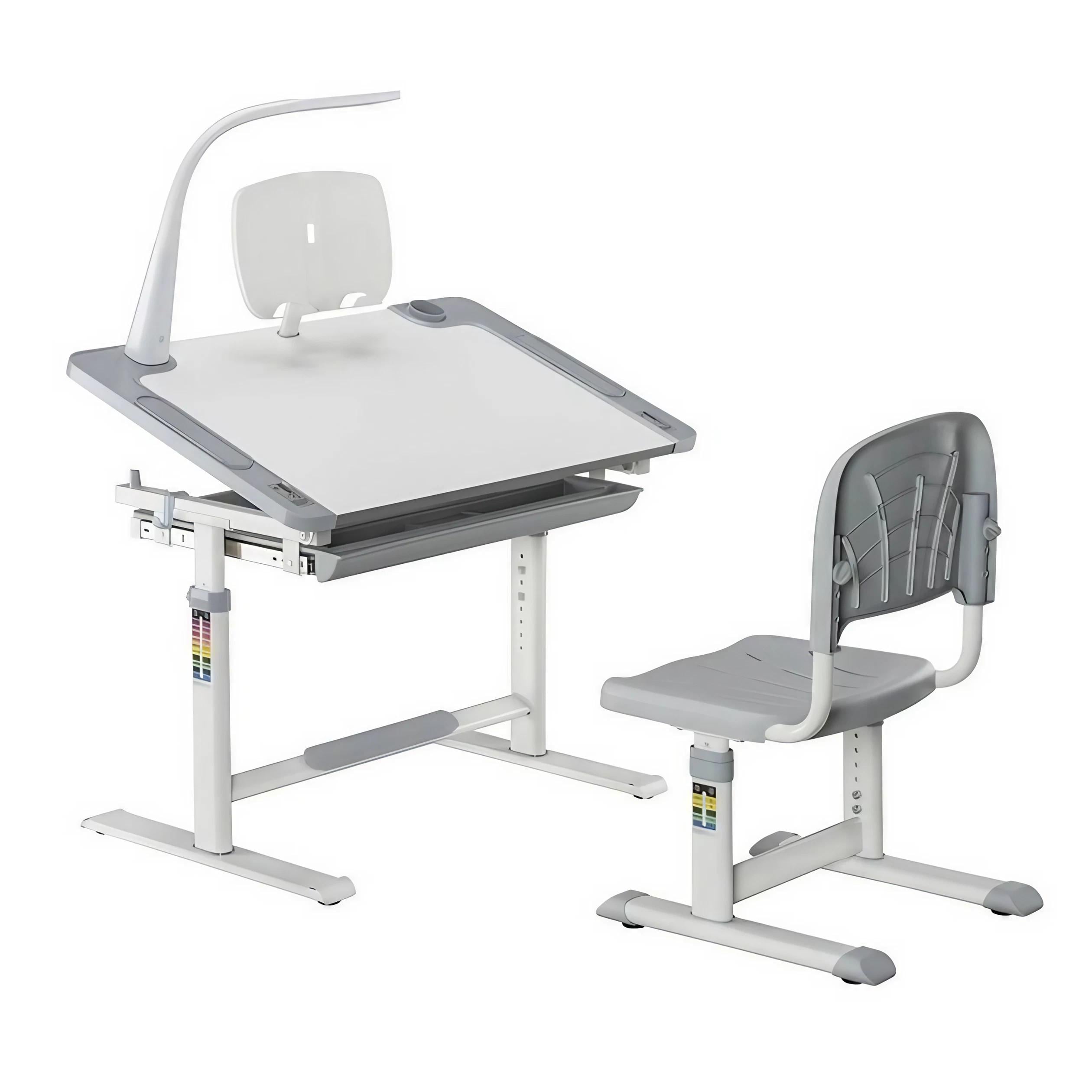 Парта детская со стулом регулируемая с подставкой для книг и лампой Серый (jmx4625 )