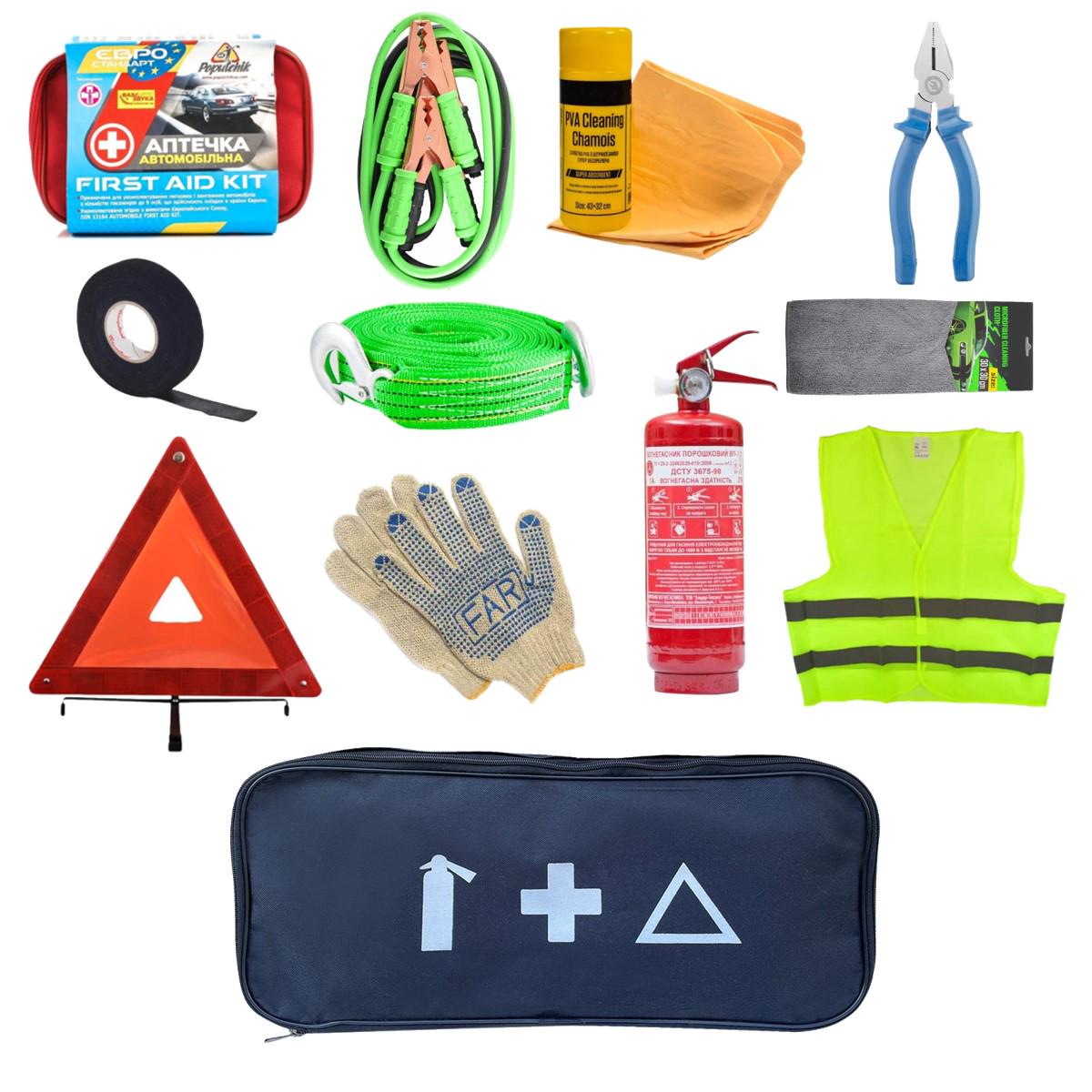 Набор автомобилиста Евростандарт с огнетушителем ОП2 аптечкой знаком аварийной остановки тросом светоотражающим жилетом в сумке Automix E12