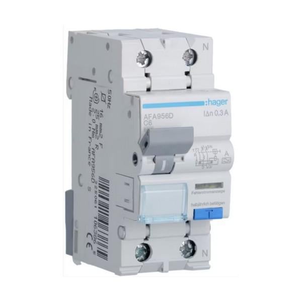 Дифавтомат Hager 2 полюса 6kA тип C 6A 300mA тип A AFA956D (74345)