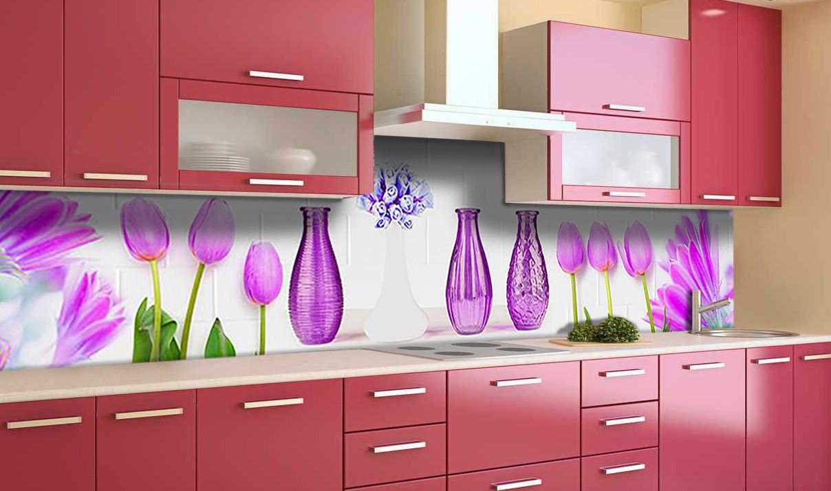 Кухонный фартук Вазы и тюльпаны из самоклеющейся виниловой пленки 65х250 см Фиолетовый