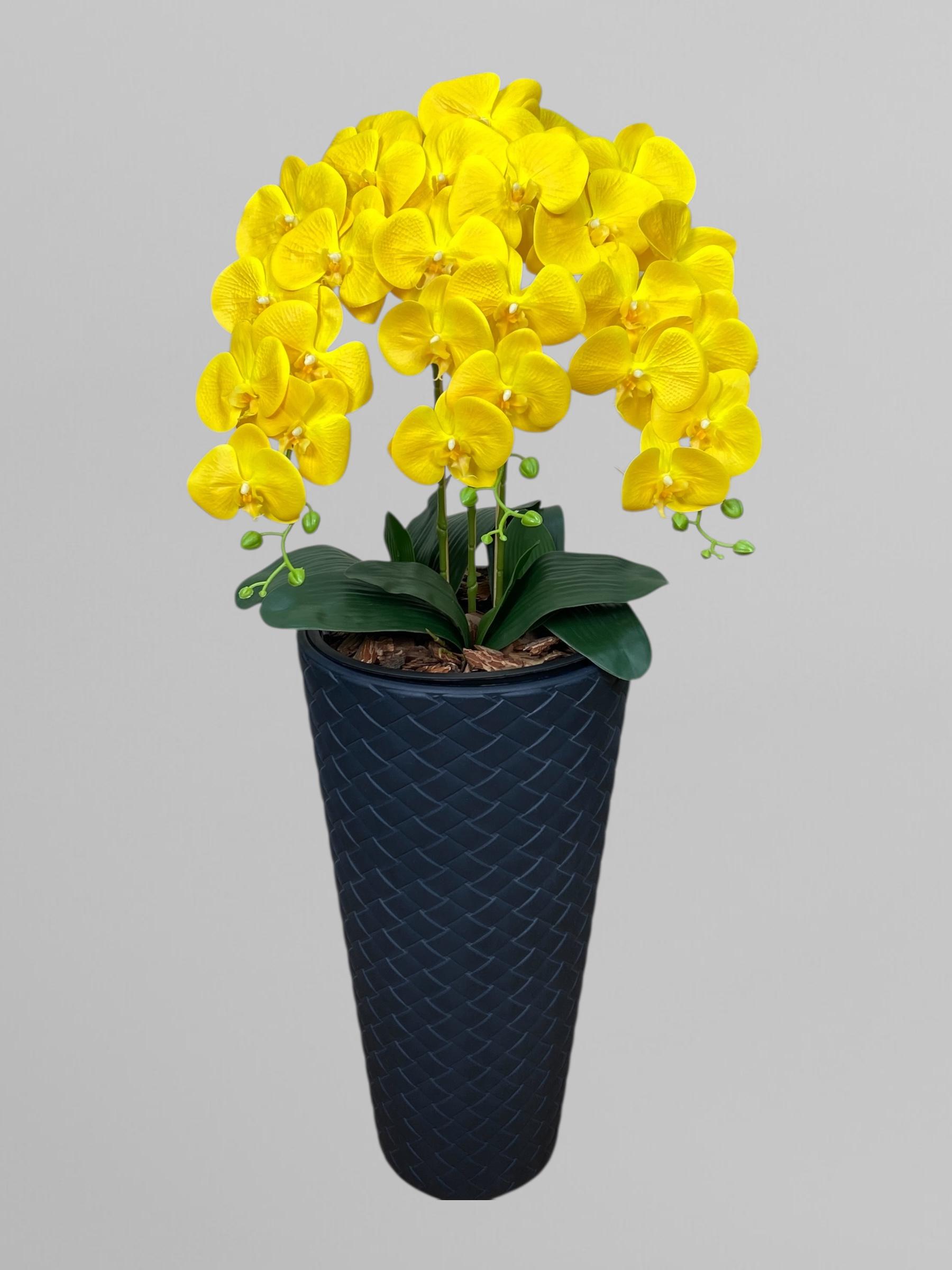 Композиция напольная из искусственных орхидей на 3 веточки в пластиковом кашпо 110 см Желтый (А214)