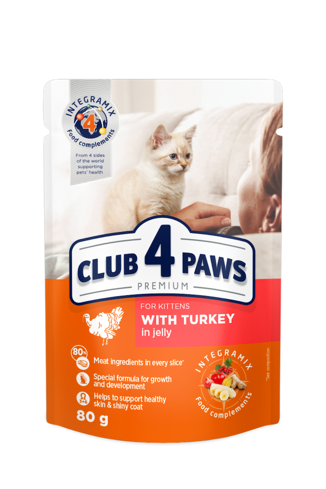 Корм влажный для котят Club 4 Paws с индейкой в желе 80 г 24 шт.