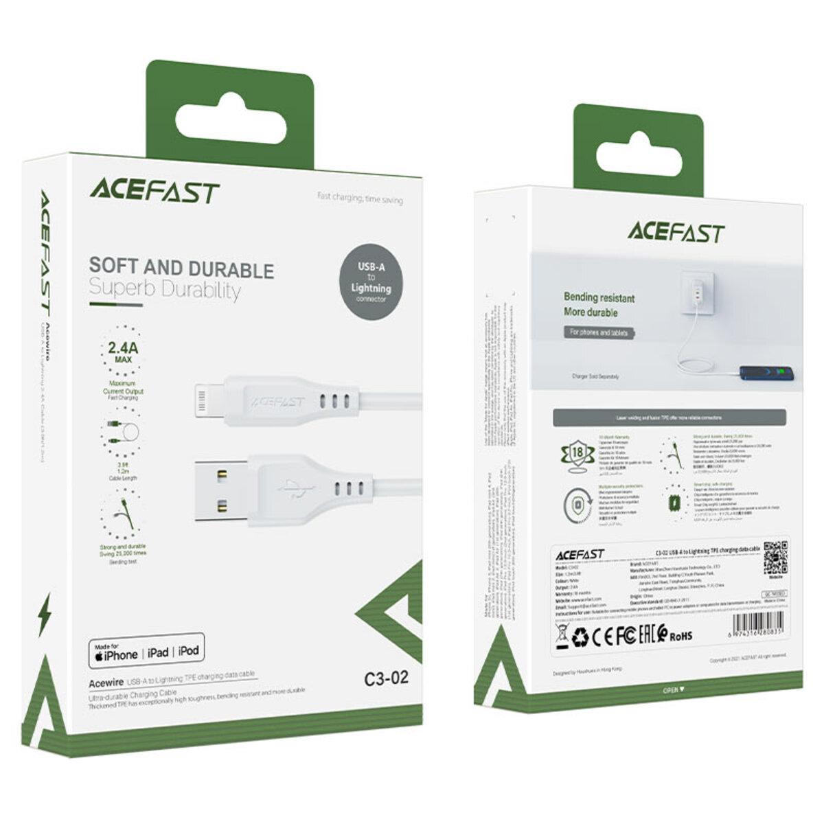 Кабель Acefast C3-02 USB to iPhone 2,4A 1,2 м TPE/TPE connectors White - фото 3