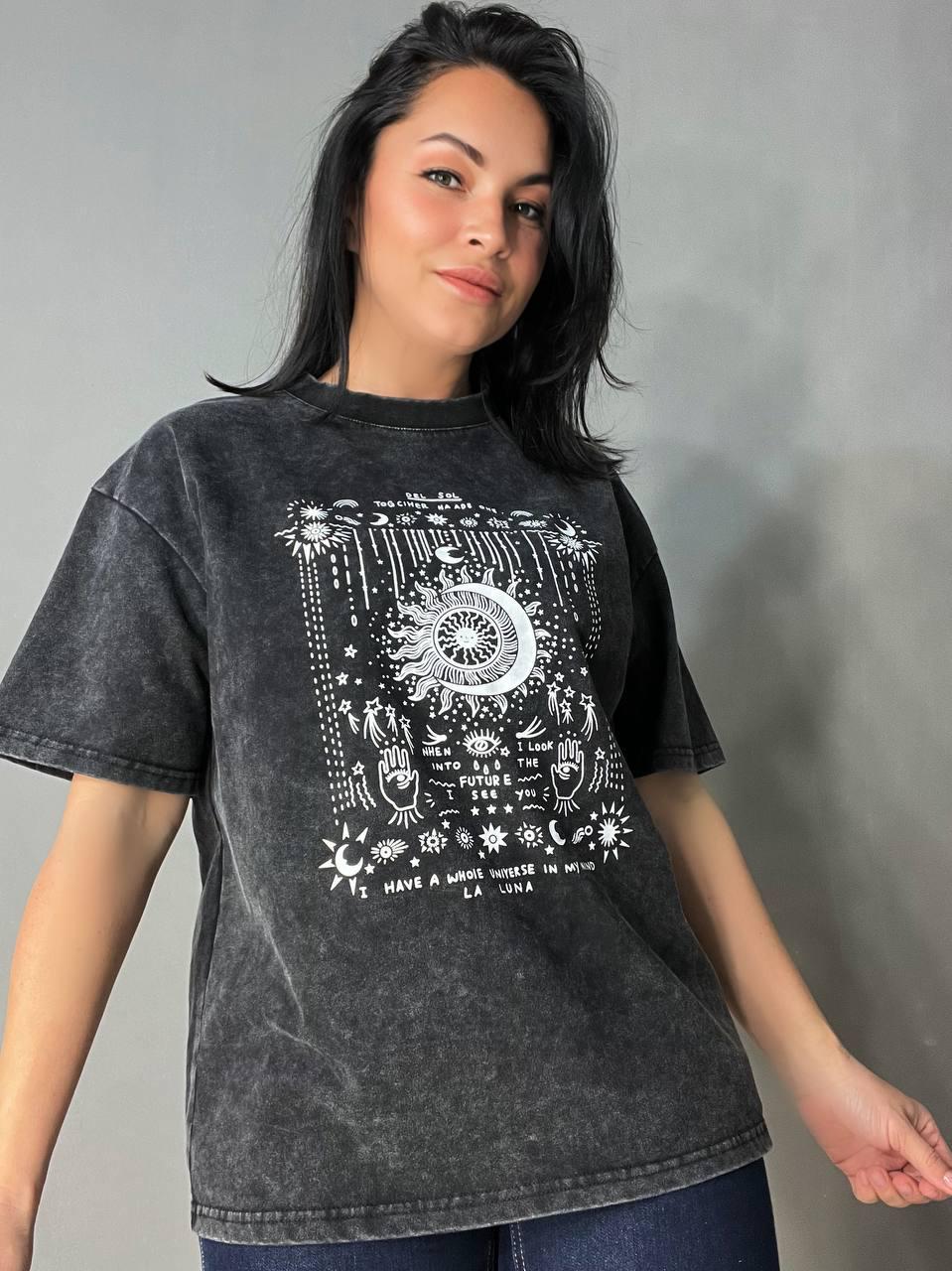 Футболка женская A-N 25062 оверсайз вареная тай-дай с принтом луна р. 46 Черный