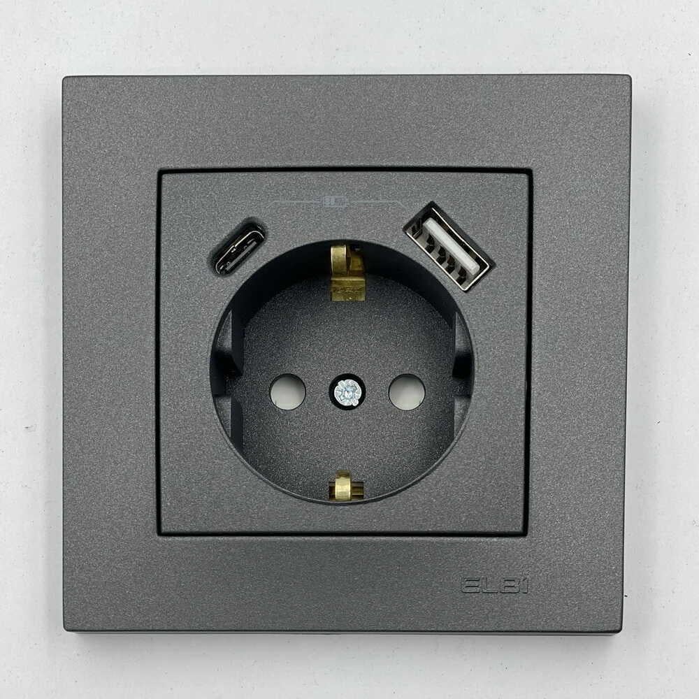 Розетка одинарная EL-BI VEGA 2хUSB/Type-C/A с/из 3A Антрацит матовый (510-016700-347)