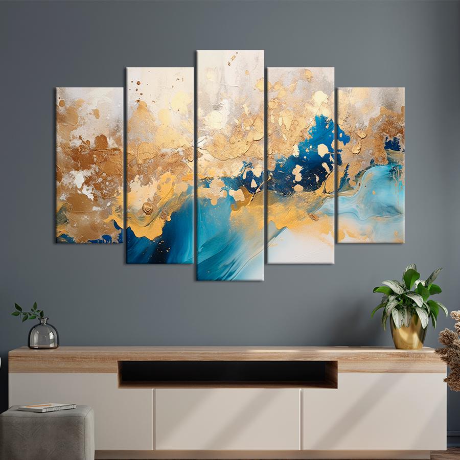 Картина на полотні Поєднання золотого та синього кольору на абстракції 137x85 см (V180-5_L)