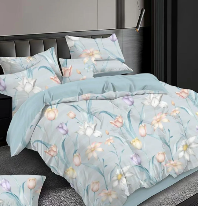 Комплект постельного белья Страйп с цветочным принтом двусторонний полуторный Голубой (2919482071)
