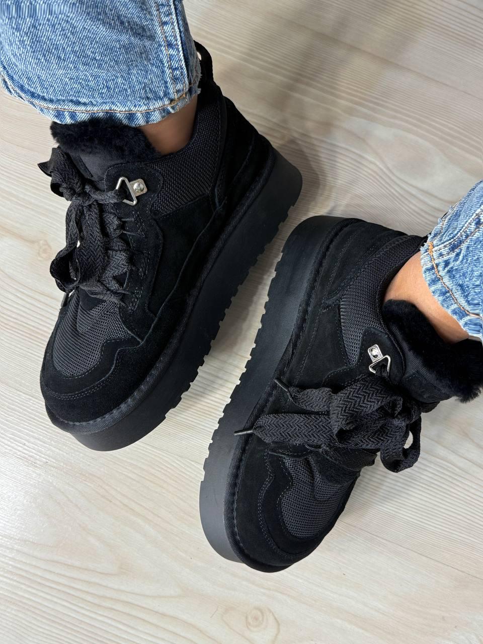 Ботинки женские Hengji 275-1 угги замшевые на платформе с мехом р. 38 Черный (5542)