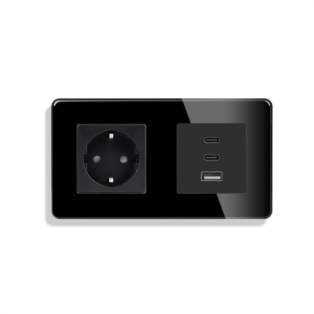 Розетка настенная ELIOS с USB-A/USB-C 65Вт дизайнерская стеклянная рамка Черный (TW-M1F65W-BK)