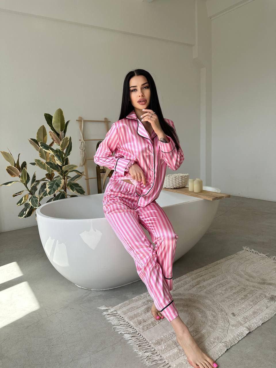 Пижама в полоску с премиум шелка Манго S Розовый (2069) - фото 3 Пижама в полоску с премиум шелка Манго S Розовый (2069) - фото 3