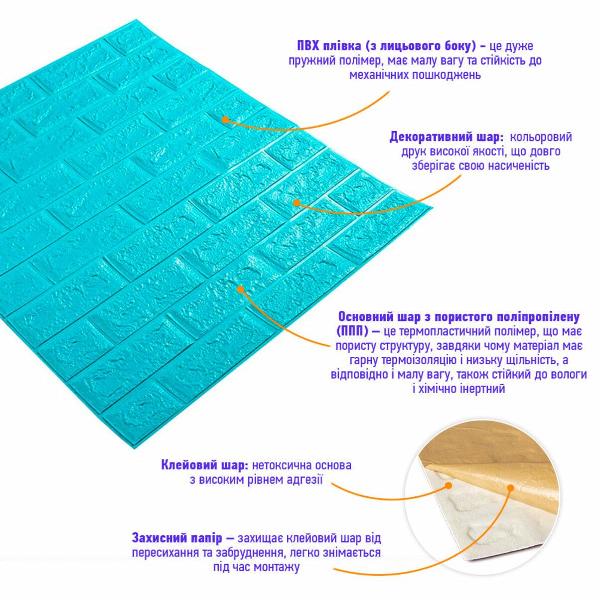 3D-панель Цегла самоклеюча 700х770х5 мм Бірюзовий (002-5) - фото 2