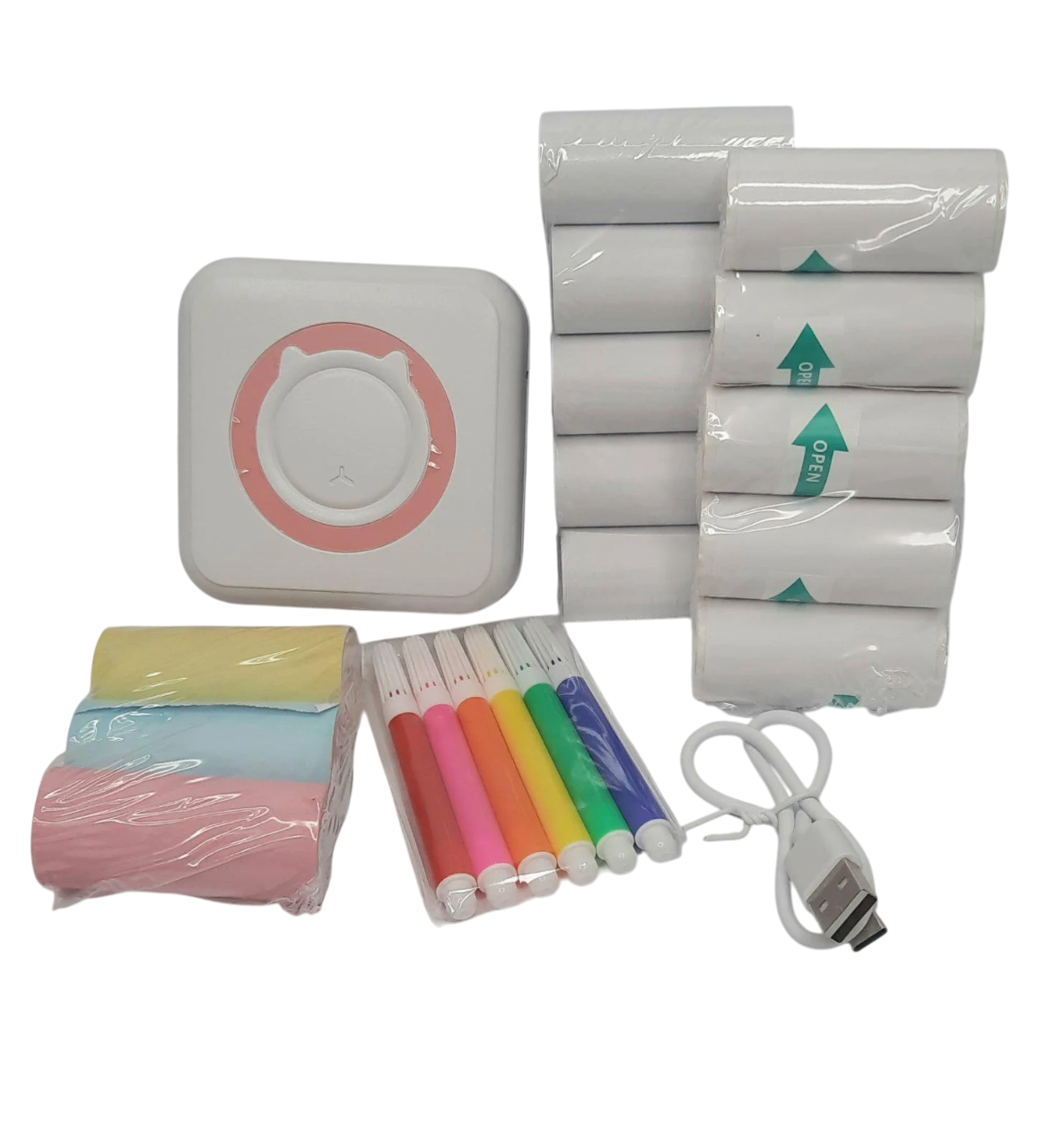 Термопринтер для печати со смартфона в Наборе 14 рулонов и фломастеры Белый ( C15P-15)