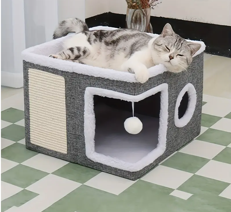 Ліжко-будиночок котяче дворівневе з печерою і кігтеточкою 41x41x35 см Сірий (2011) - фото 8 Ліжко-будиночок котяче дворівневе з печерою і кігтеточкою 41x41x35 см Сірий (2011) - фото 8