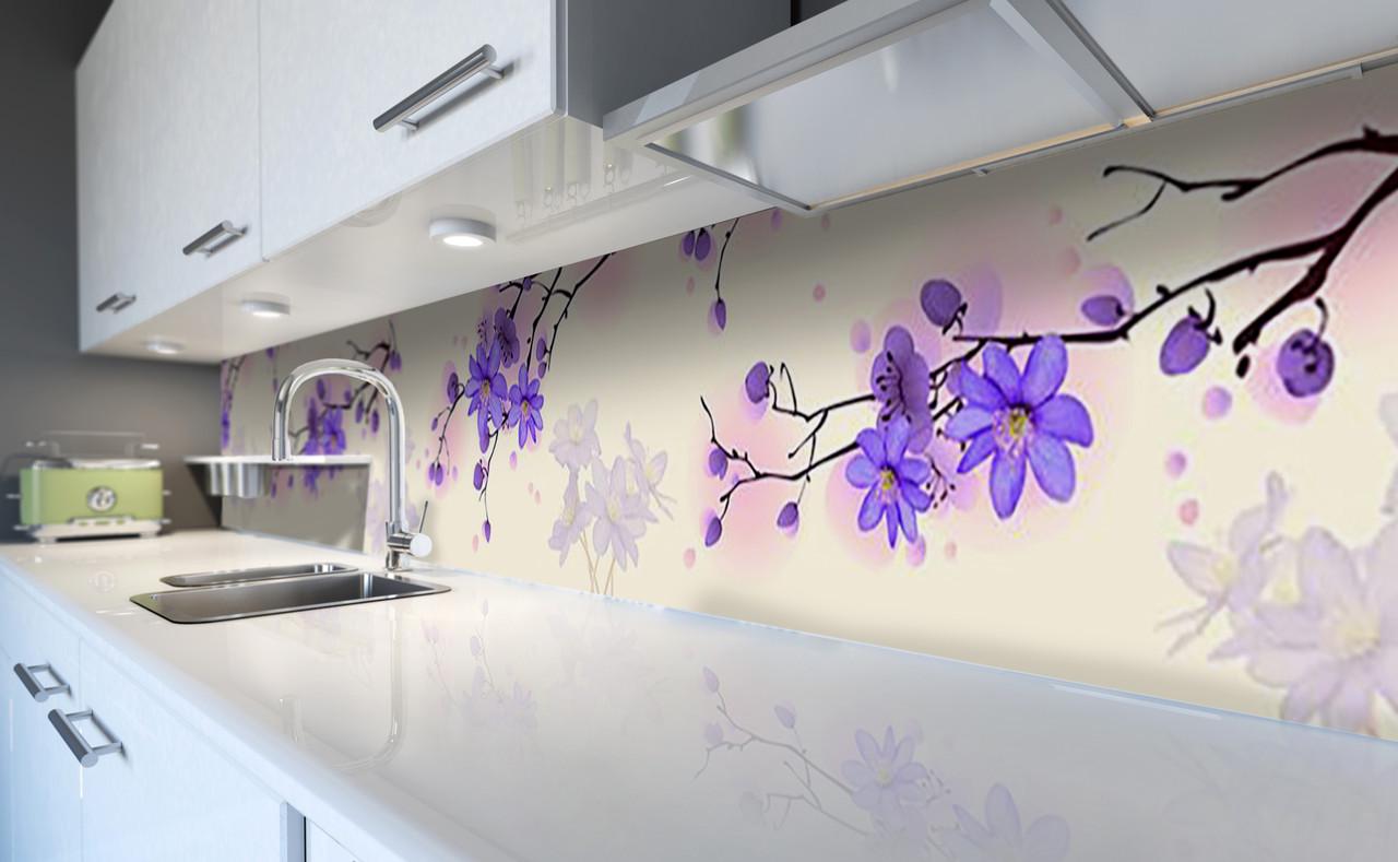 Кухонный фартук Фиолетовые цветы на ветке из самоклеющейся виниловой пленки 65х250 см Бежевый