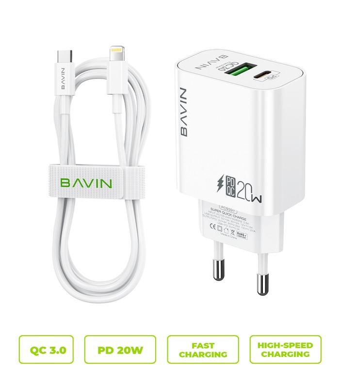 Зарядний пристрій BAVIN PC939Y PD 20W Type-C USB-A QC3.0 USB-C/Lightning White - фото 2