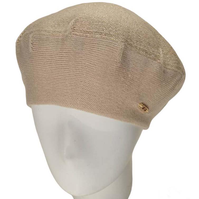 Берет женский Lirus Клео двойной шерстяной тонкой вязки с люрексовой нитью Светлый лен (111324)
