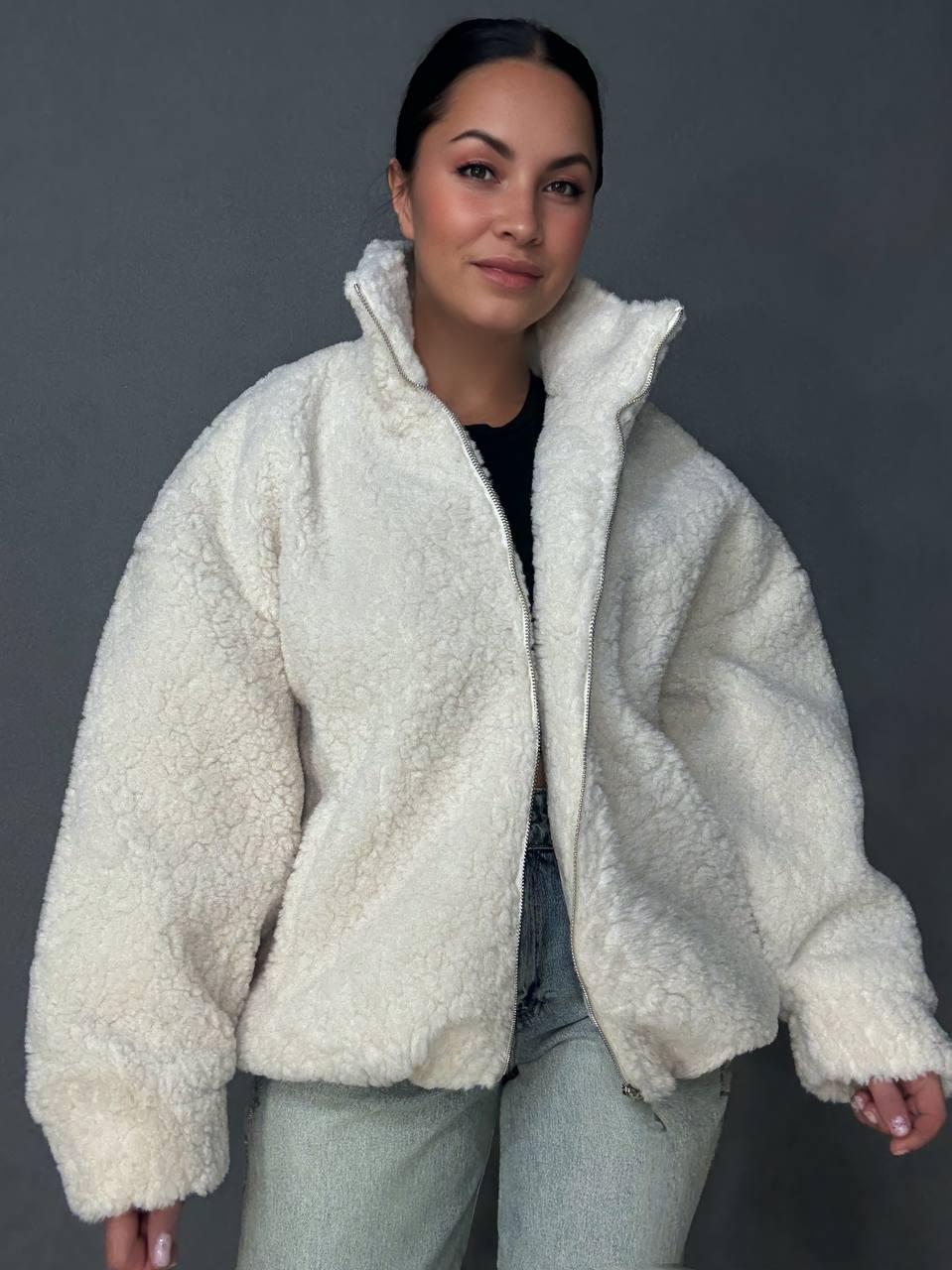 Шуба женская Lady Yep 10017 тедди бомбер на молнии OS Молочный (5892)