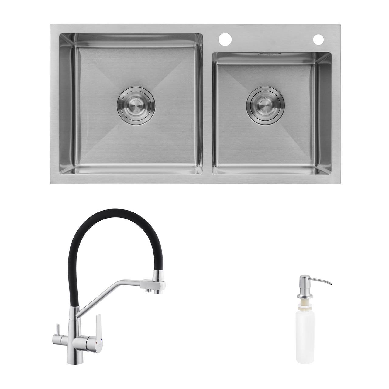 Комплект мойка кухонная Kroner Gebürstet-7843ZHM/смеситель Edelstahl Klassisch-ESG03817BLK/дозатор (2669564697)
