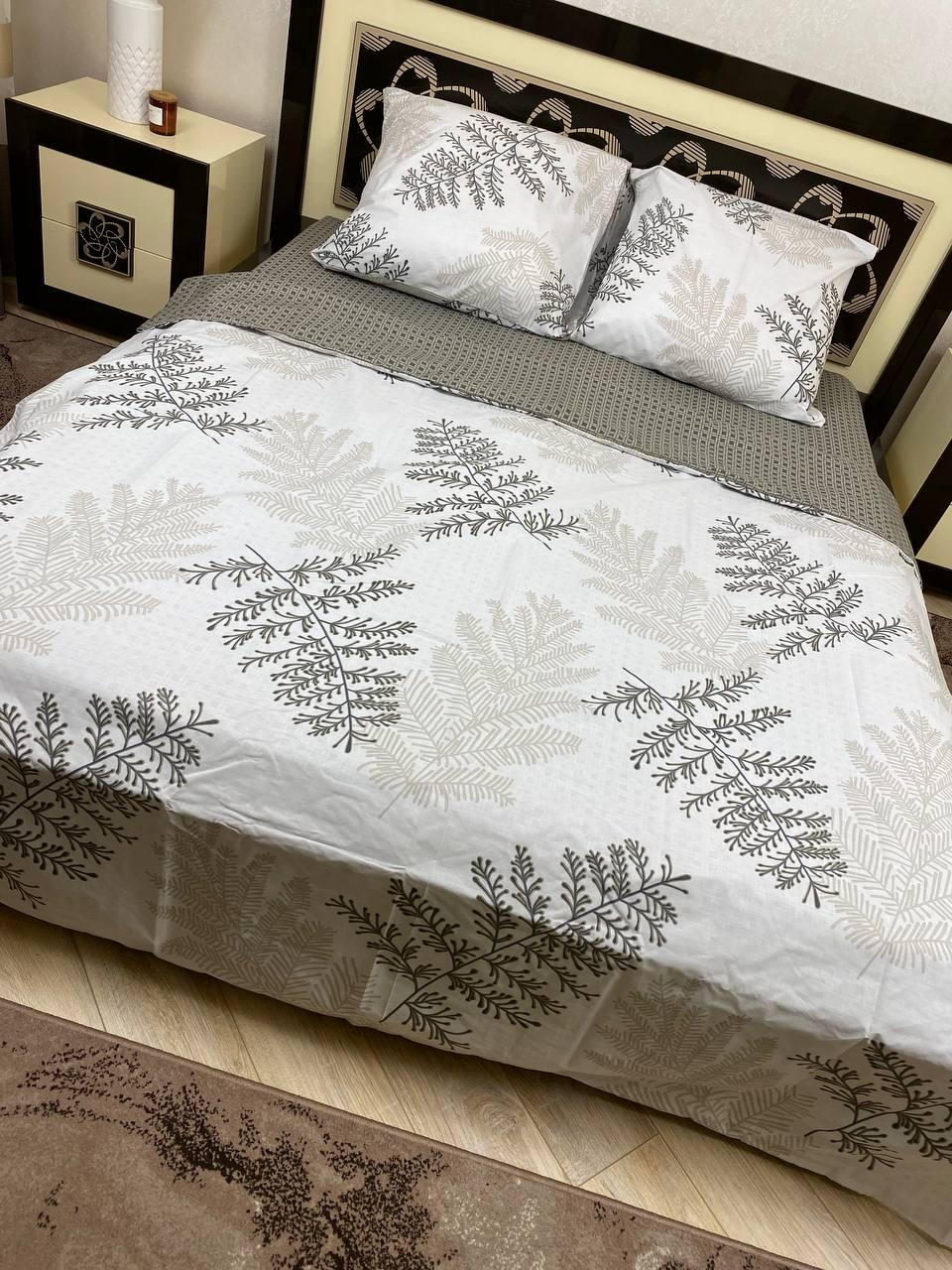 Комплект постельного белья Растения 200х220 см евро хлопковый 70х70 см Белый с серым