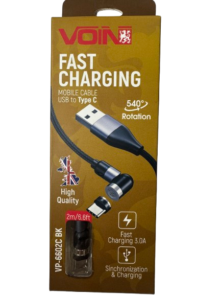 Кабель магнітний шарнірний Voin USB-Type C 3А швидка зарядка/передача даних 2 м Black (VP-6602C BK)