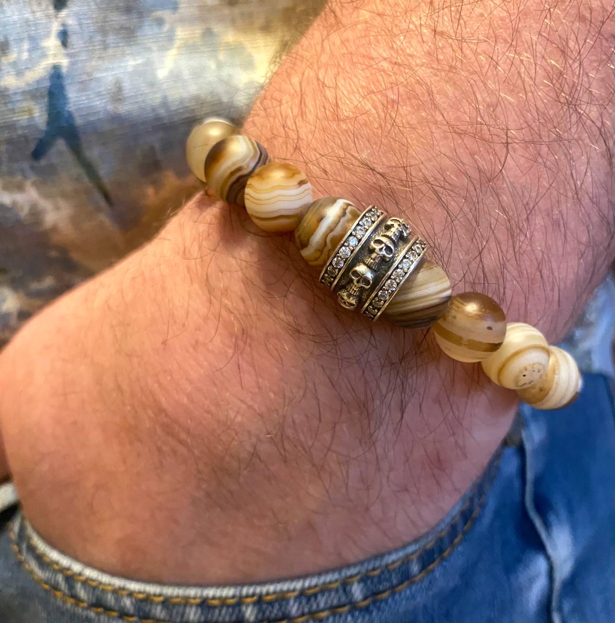 Браслет LITAURS из натурального камня агат d 10 мм и вставкой медицинская сталь с цирконием L 18-21 см (250217-1) - фото 2