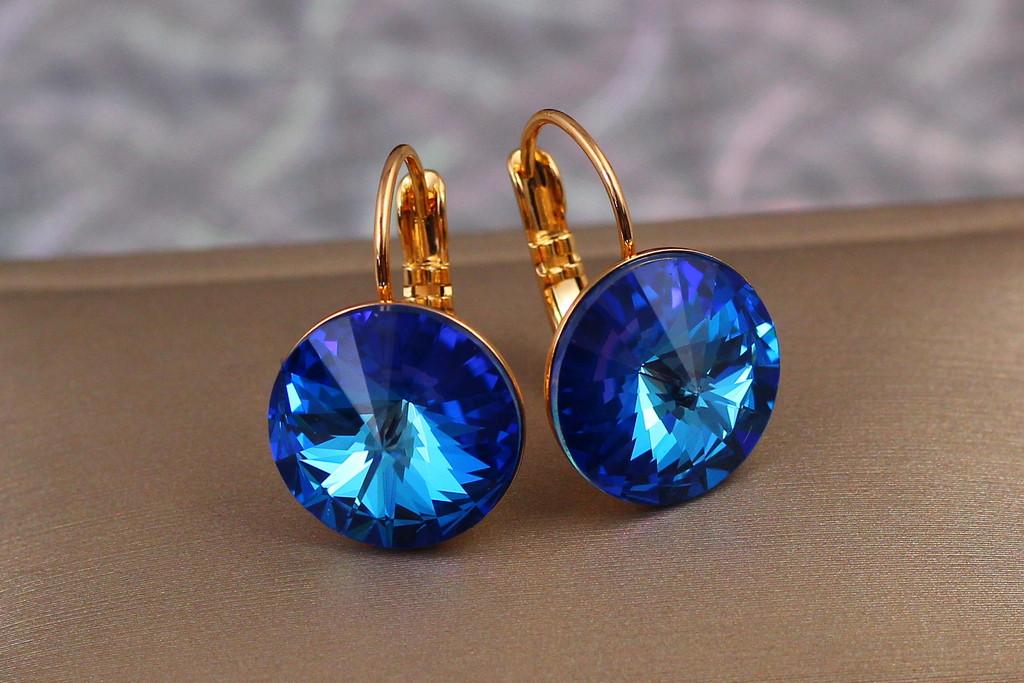 Серьги Xuping Jewelry Сваровски синие камни 2 см Золотистый