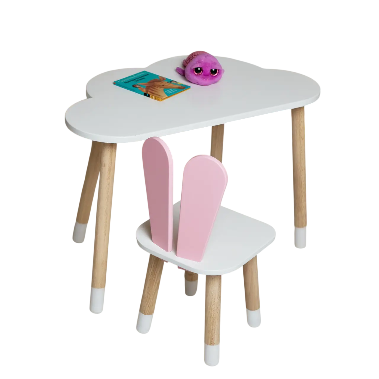 Набор детский столик облако со стулом кролик деревянный 46х60х45 см Бело-розовый (150-7-799055)