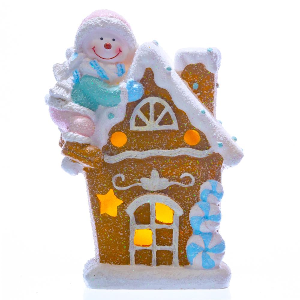 Новогодняя фигурка с подсветкой Снеговик с пряничным домиком 14х9х20 см (CR-6-5)