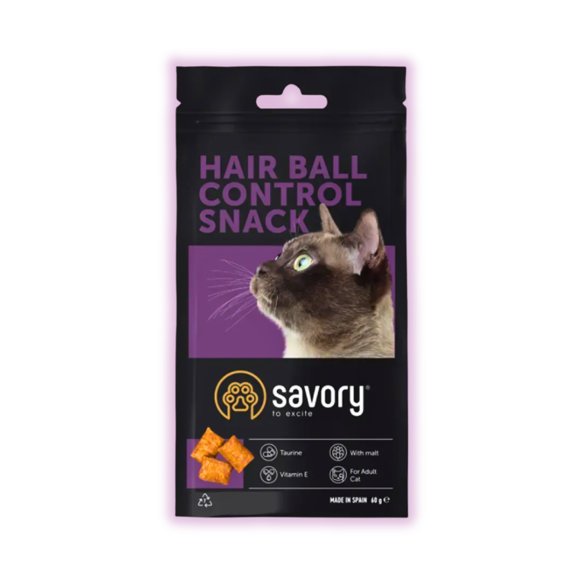 Ласощі для котів хрусткі Savory подушечки для виведення шерсті для дорослих котів 60 г (31485)