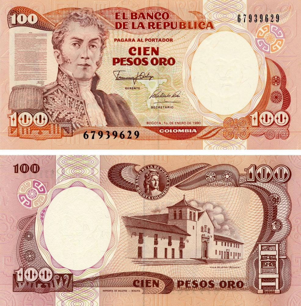 Коллекционная банкнота Колумбия 100 песо оро 1990 UNC P426e (Б05529)
