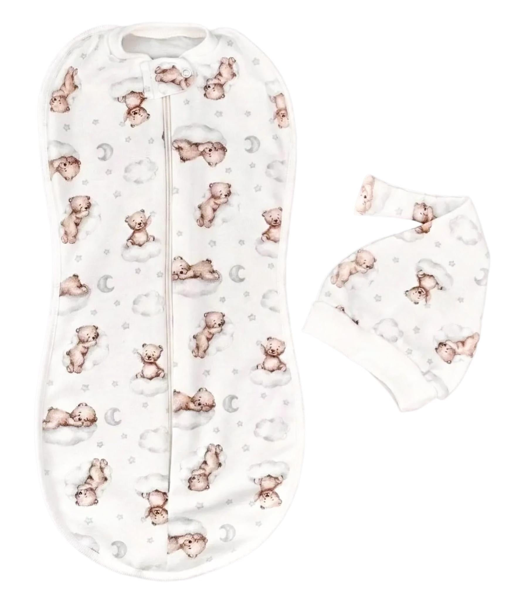 Пеленка-кокон евро на молнии Мишка на облачках с шапочкой №120 0-3 мес. (144115)