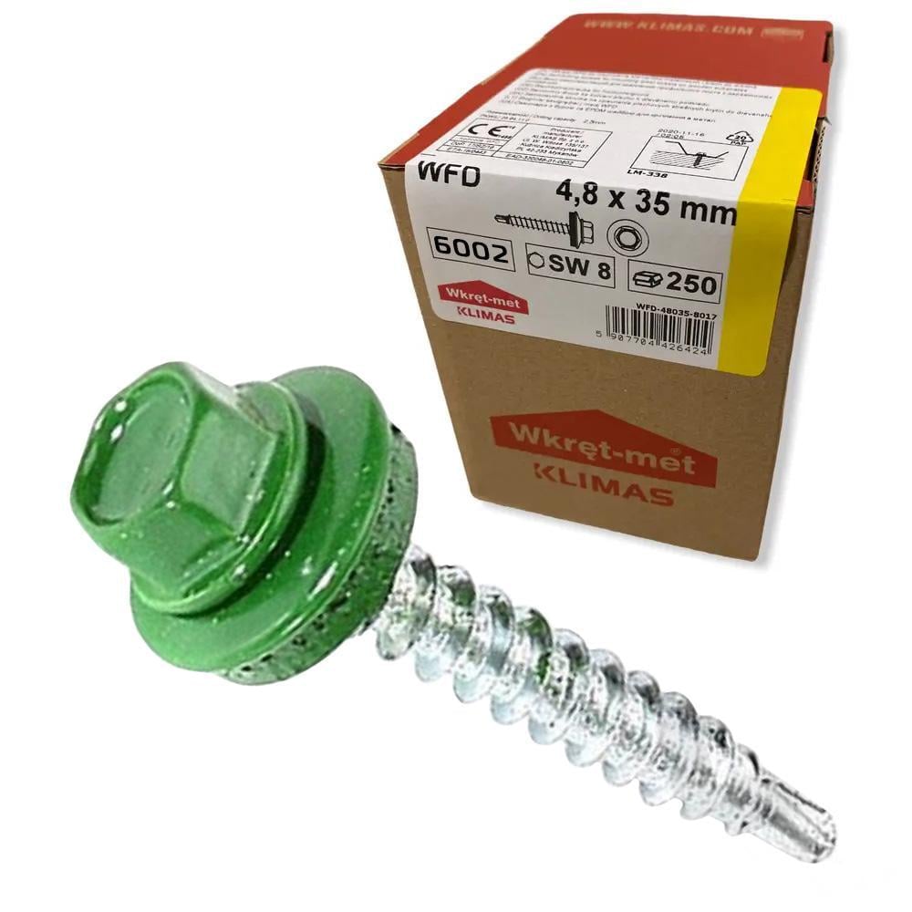 Саморез кровельный по дереву Klimas Wkret-Met RAL 6002 4,8x35 мм 250 шт.