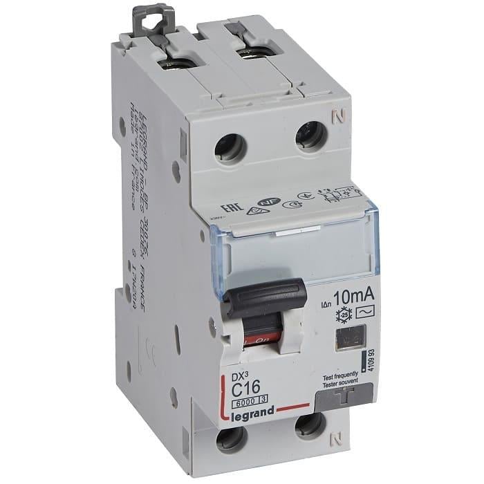 Дифавтомат Legrand 16A 10mA 6kA 2 полюса тип C тип AC 1Р+NC 410993 DX3 (18248)