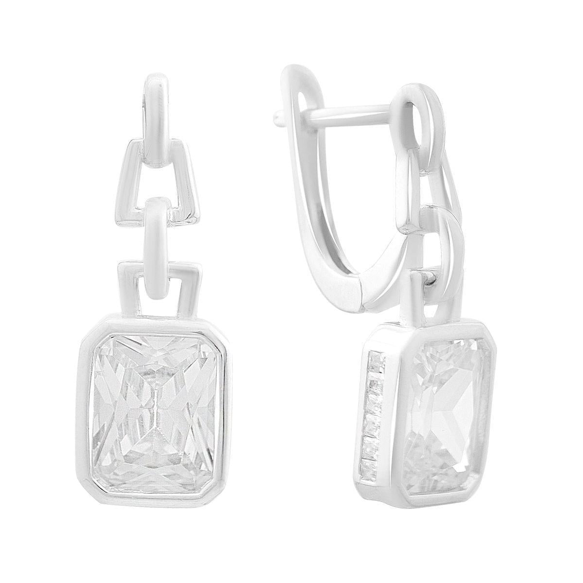 Серьги серебряные LoveR с подвесом в форме цепи и квадратным фианитом с английским замком