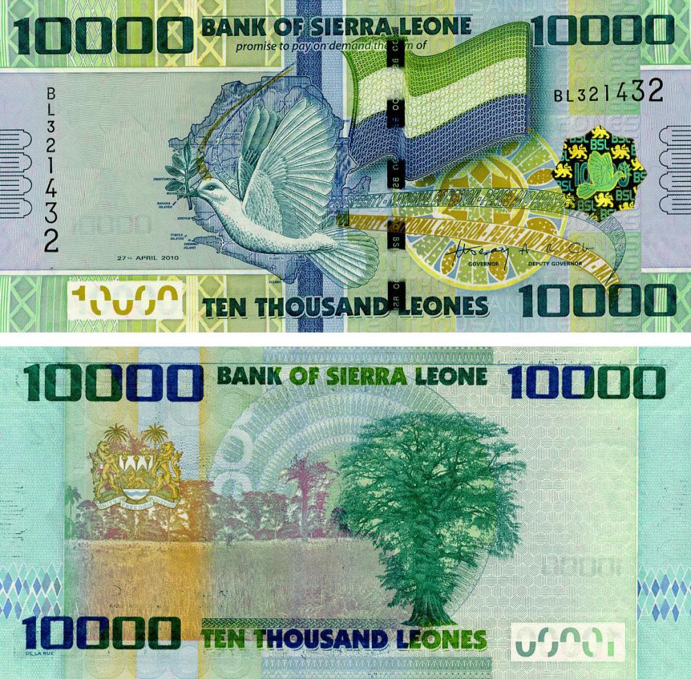 Коллекционная банкнота Сьерра-Леоне 10000 леоне 2010 UNC Птица-Голубь (P33)