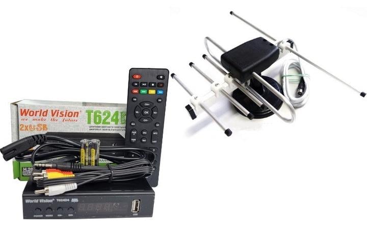 Тюнер World Vision T624D4 IPTV/антенна комнатная Волна-2 с тв-кабелем