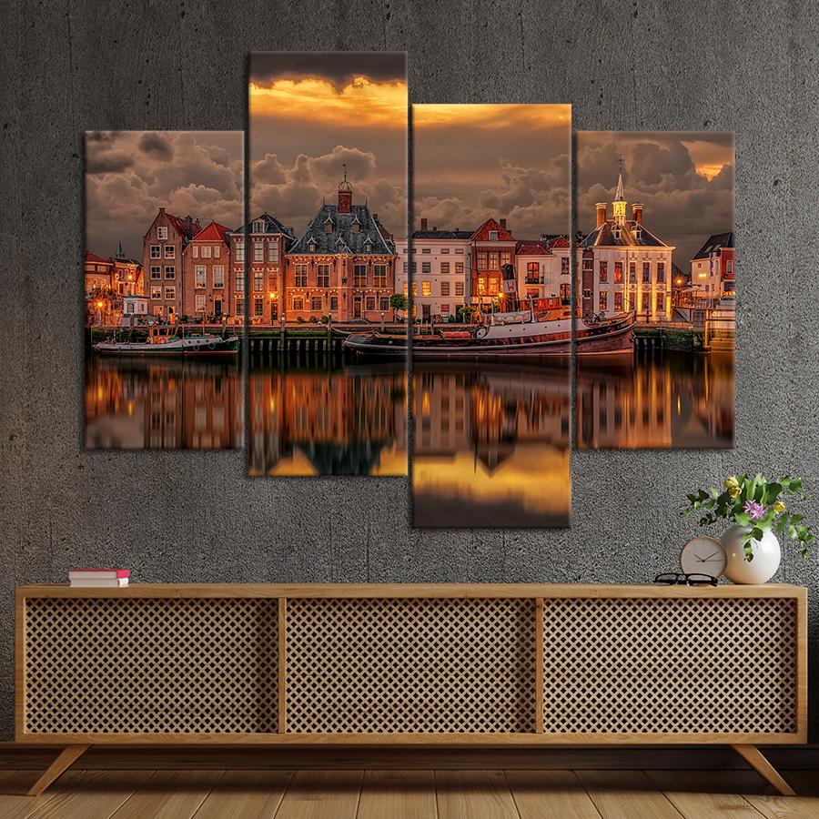 Картина город Панорама вечернего Стокгольма 129x90 см (A858-4)