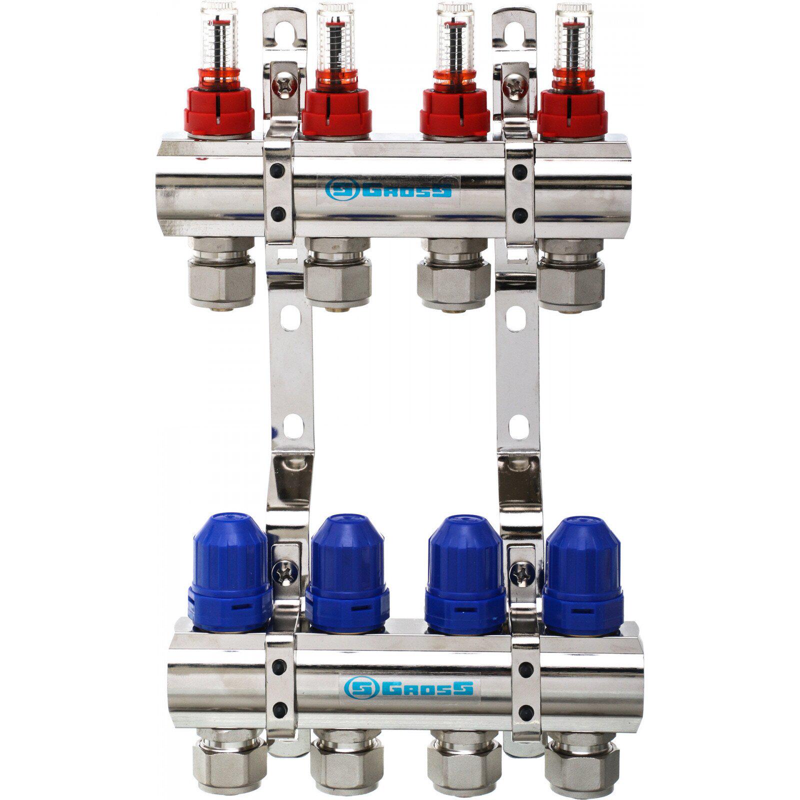 Колектор з витратомірами регуляторами та кріпленням Gross 8504 1"x4 (000020666) - фото 2 Колектор з витратомірами регуляторами та кріпленням Gross 8504 1"x4 (000020666) - фото 2