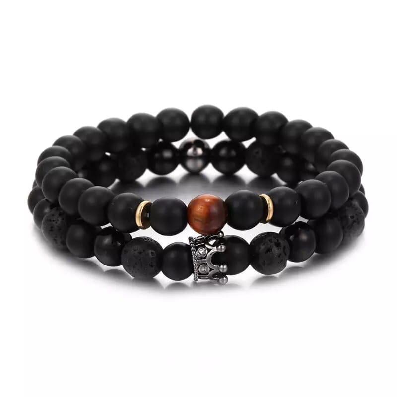 Комплект браслетів із шунгіту та лавового каменю з чорною короною р. 22 (12050)