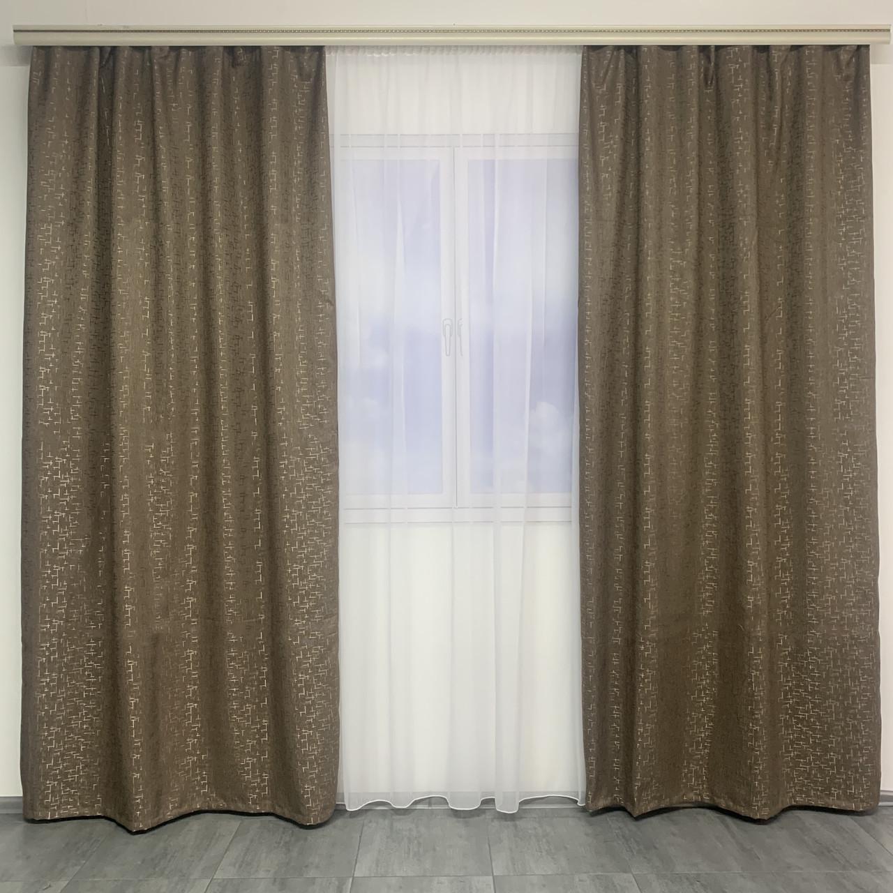 Шторы готовые для спальни и гостиной Мрамор льняные плотные 150х270 см Коричневый