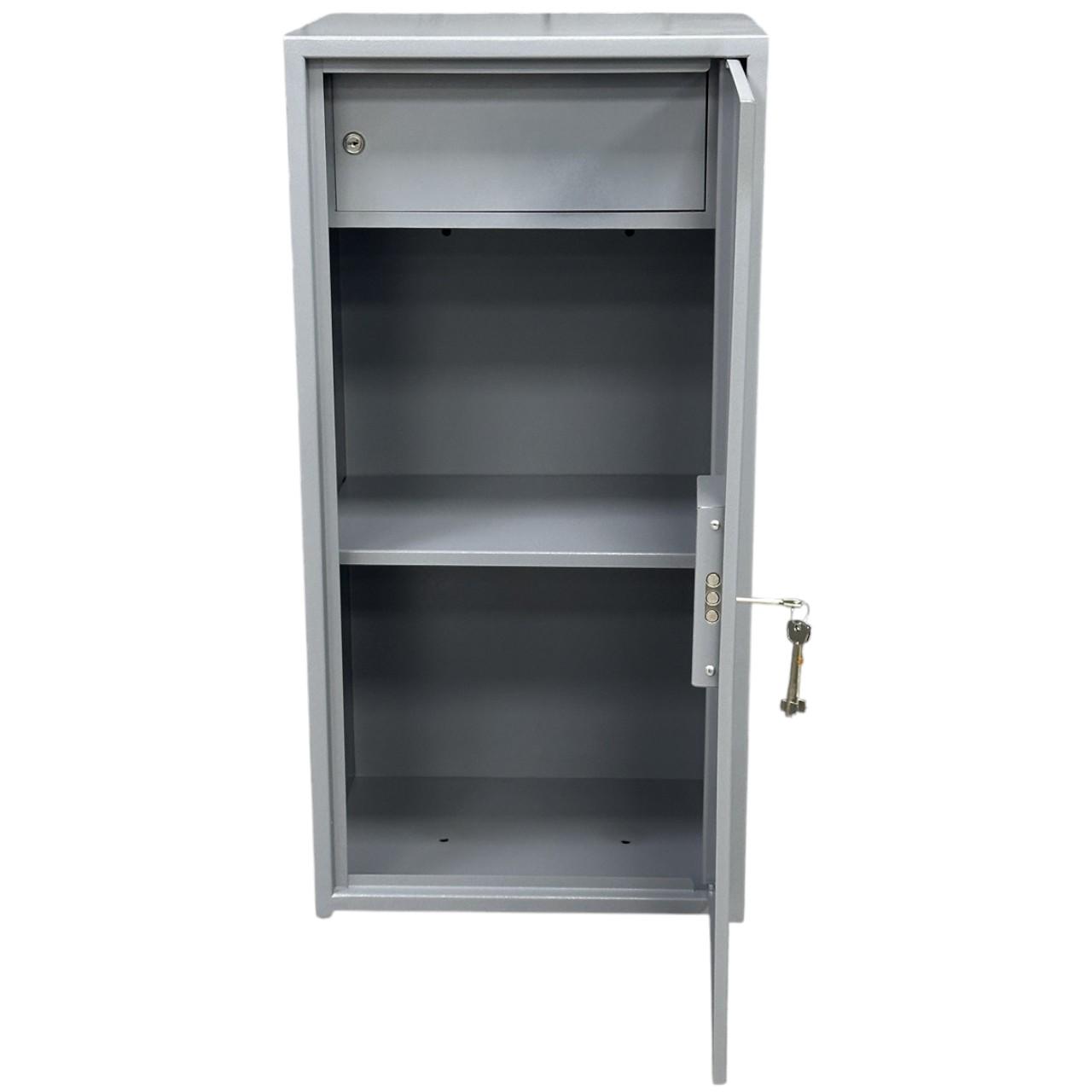Сейф офисный СБЕ-880 с кассовым отделением и съемной полкой сувальдным замком 88х44х36 см Серый (RAL 7046)